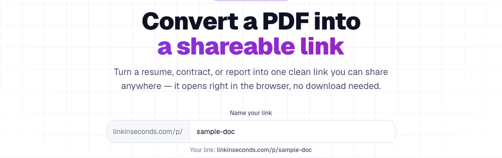 Naming a PDF link in Link in Seconds, showing the live linkinseconds.com/p/ address preview