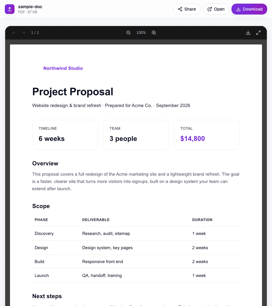 What a recipient sees: a PDF opening inside the browser on a clean link page with share, open and download buttons