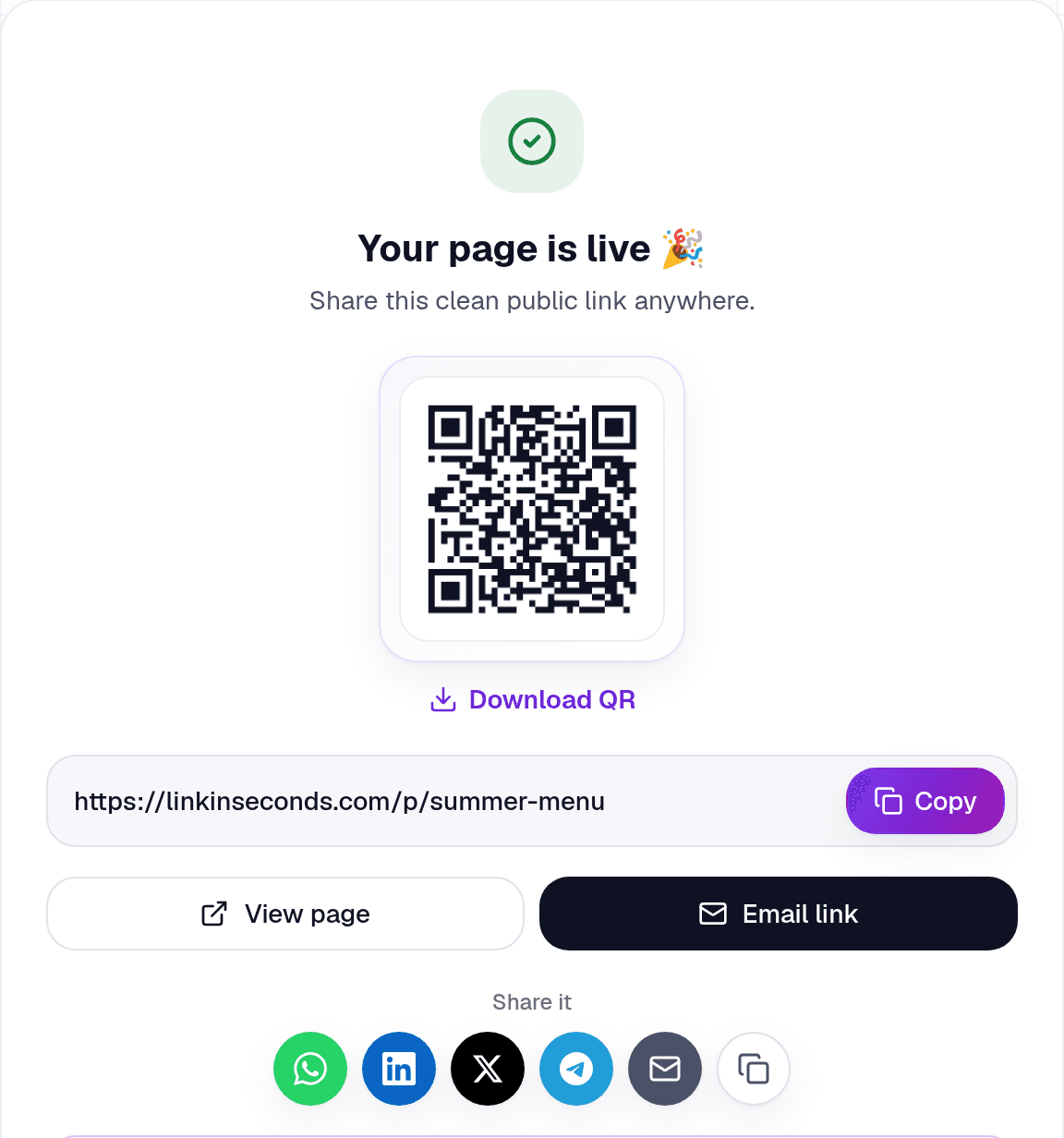 The published link in Link in Seconds: a QR code, a copyable linkinseconds.com/p/summer-menu address, and share buttons for WhatsApp, LinkedIn, X, Telegram and email