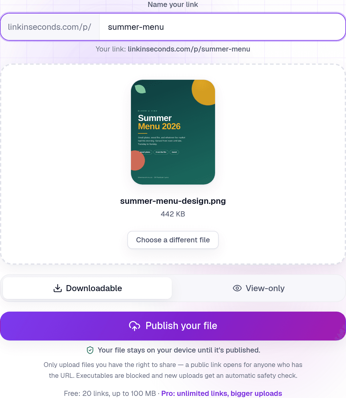 Naming a Canva export in Link in Seconds: the exported design thumbnail, the linkinseconds.com/p/ address preview, and the Downloadable or View-only choice