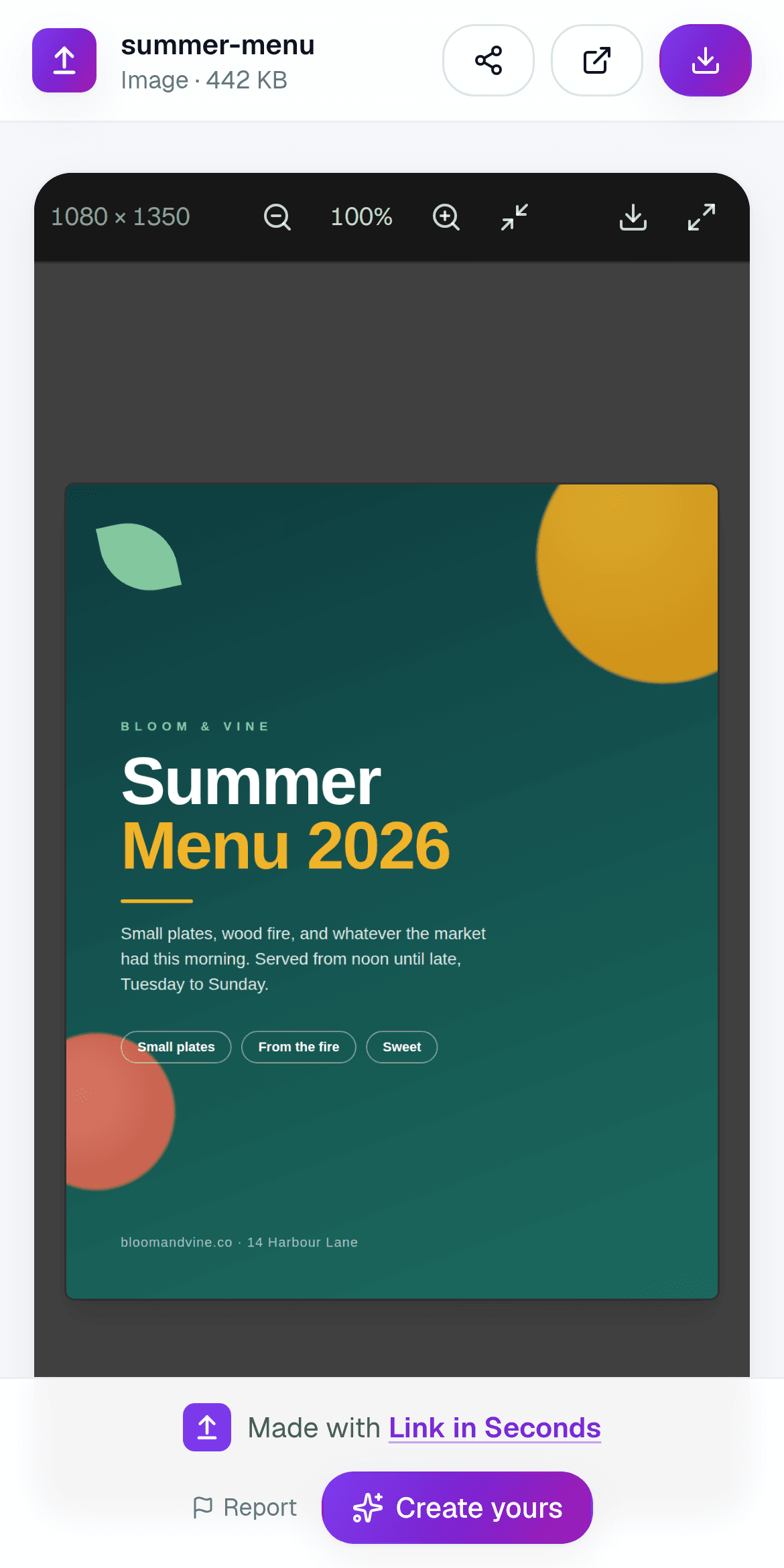 The same shared design opening full screen in a phone browser through a Link in Seconds link
