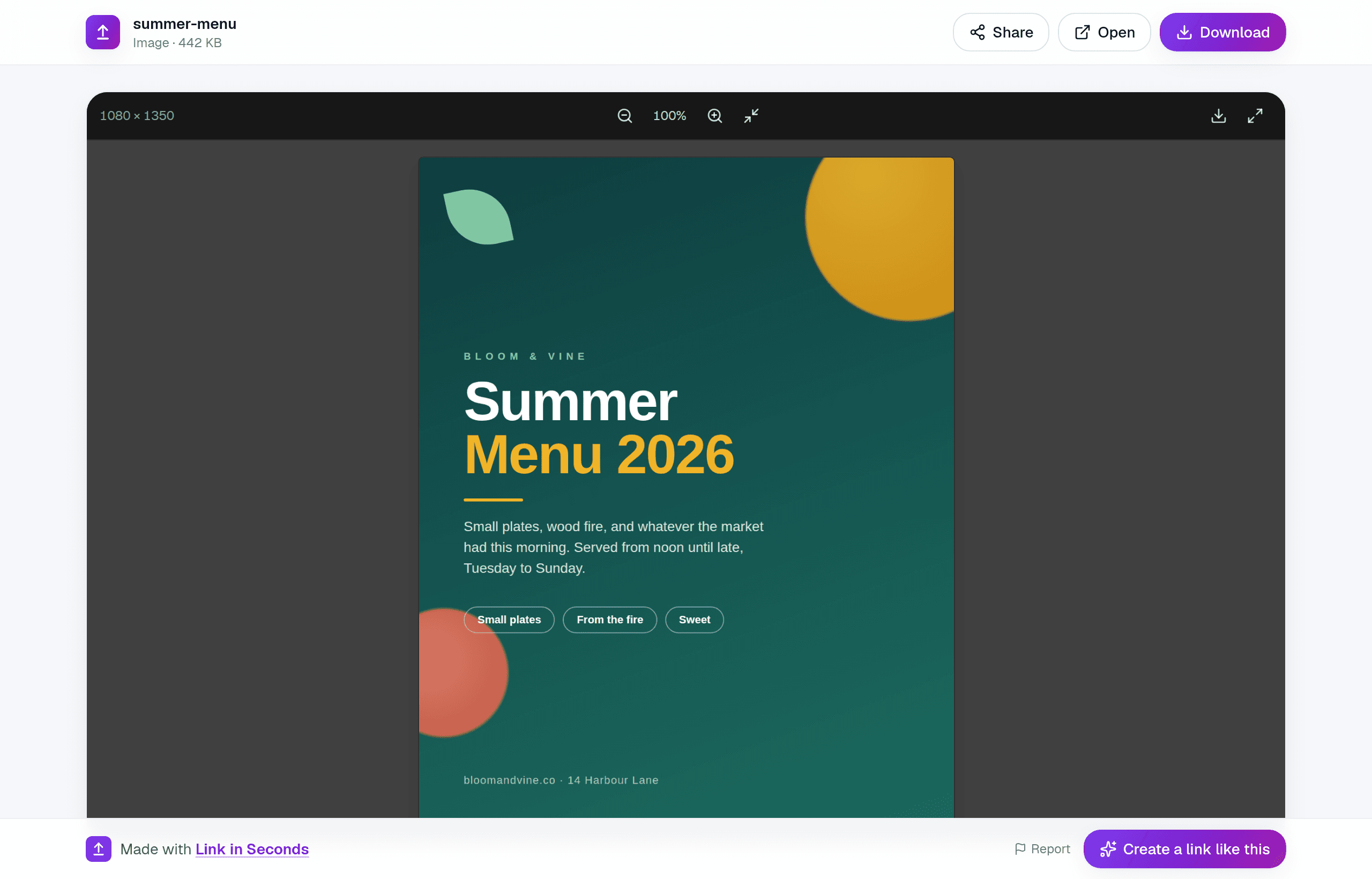 A shared Canva design open in a desktop browser on a clean Link in Seconds public page, with Share, Open and Download buttons