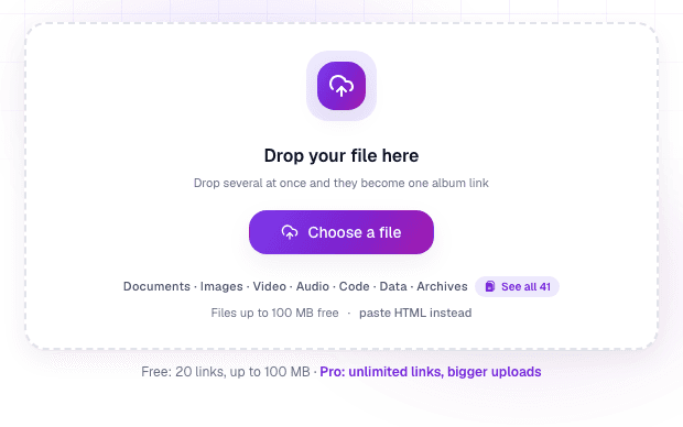 The Link in Seconds upload box, where you drop a file to turn it into a shareable link
