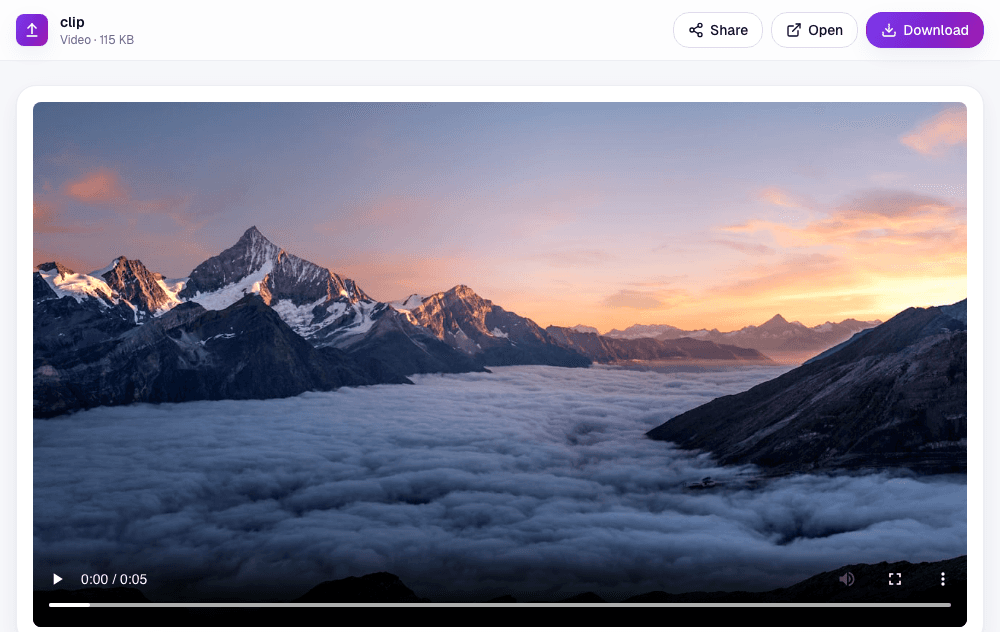 A video playing inside the browser on a Link in Seconds page, with play, timeline and fullscreen controls