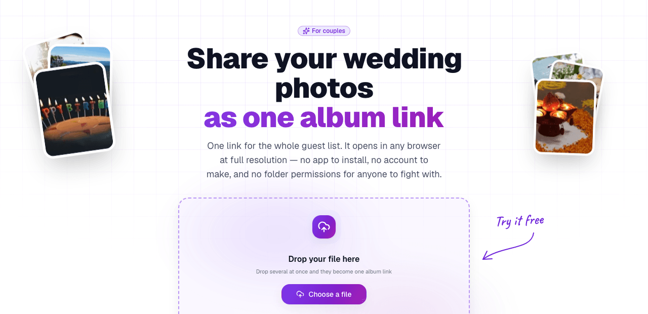 A wedding photo album shared as one link in Link in Seconds: full-resolution photos that open in any browser
