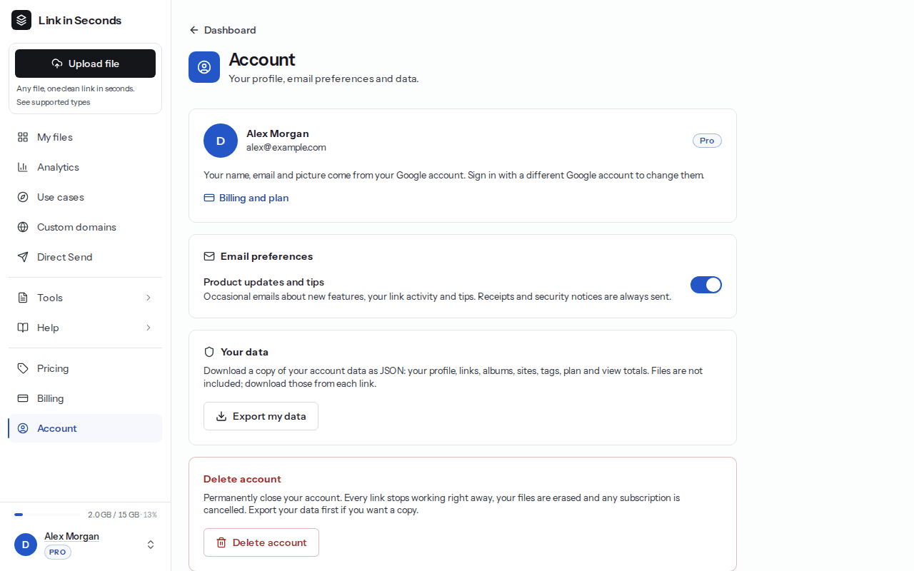 The Account page with the profile card, Email preferences toggle, Your data section with Export my data, and the Delete account section