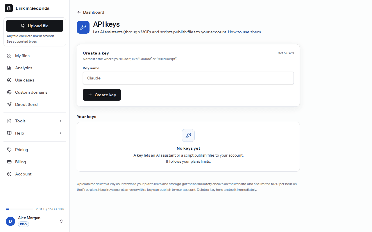 The API keys page in the Link in Seconds dashboard with the Create a key form