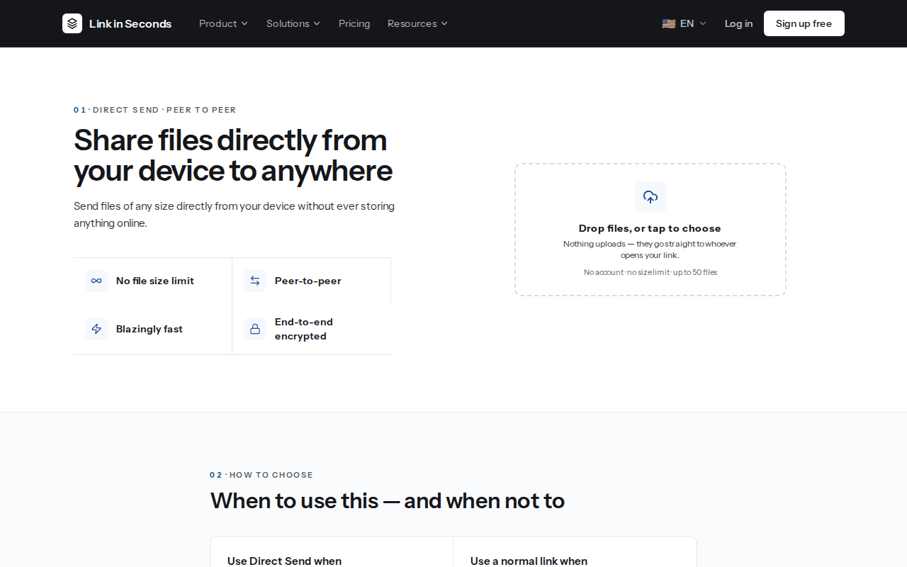 The Direct Send page with a drop zone that says Drop files, or tap to choose, next to the points No file size limit, Peer-to-peer and End-to-end encrypted
