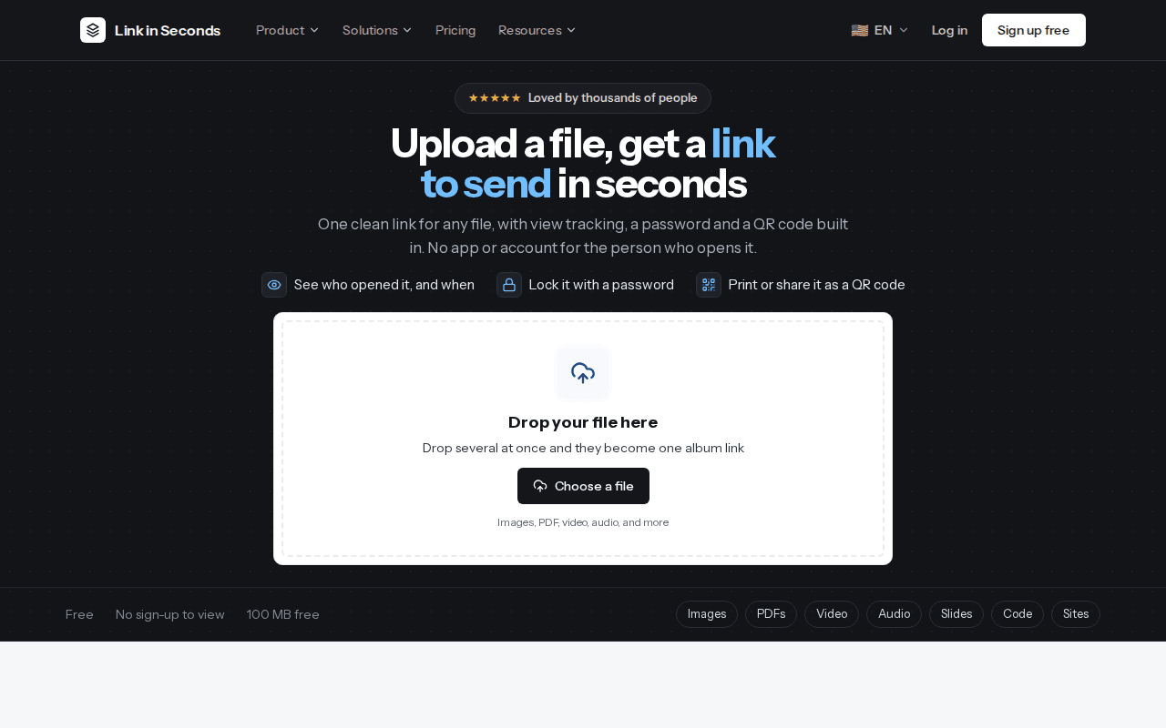 The Link in Seconds upload card that says Drop your file here, with the hint Drop several at once and they become one album link