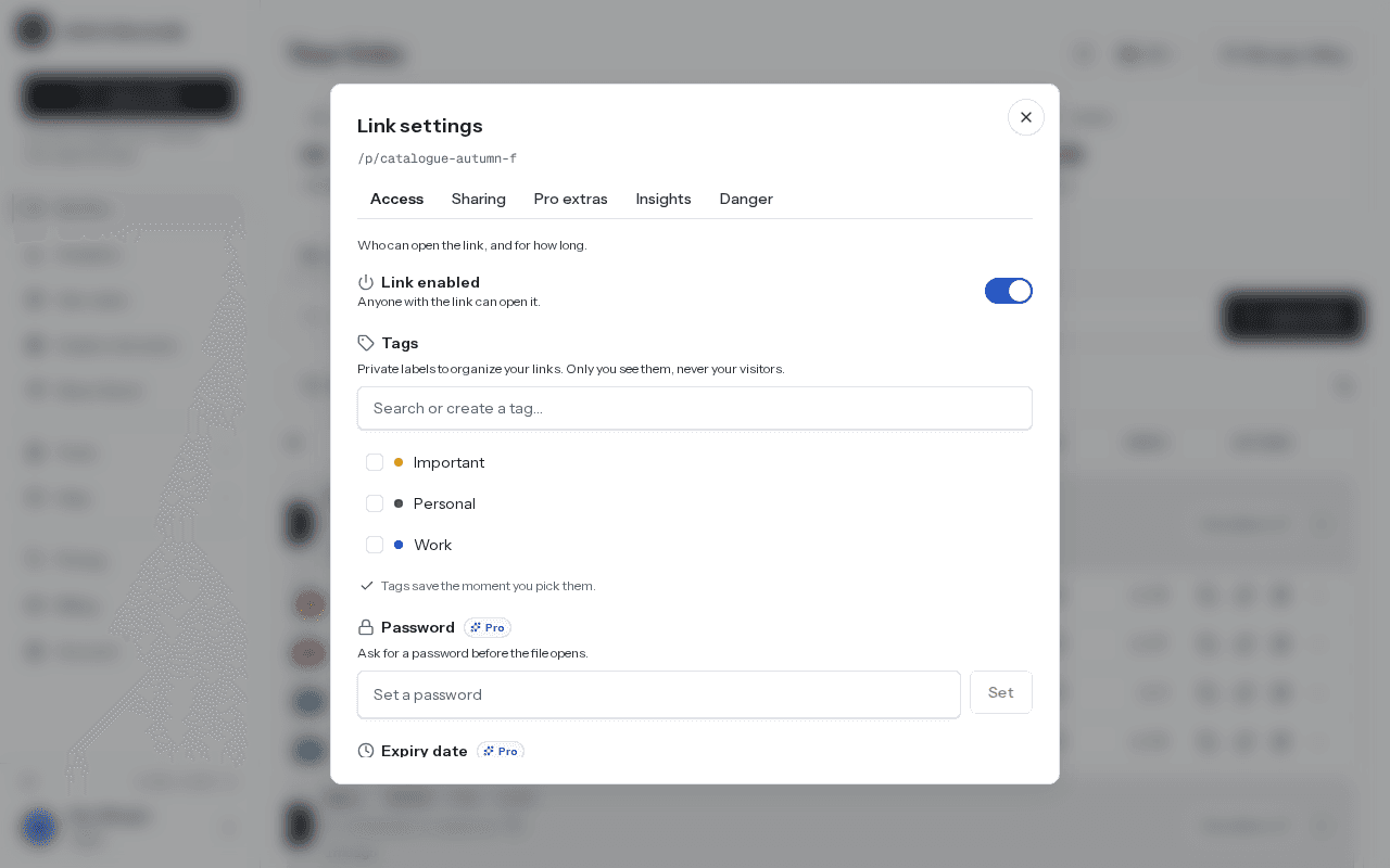 The Link settings window on the Access tab, with the Link enabled switch, Tags and the Password field