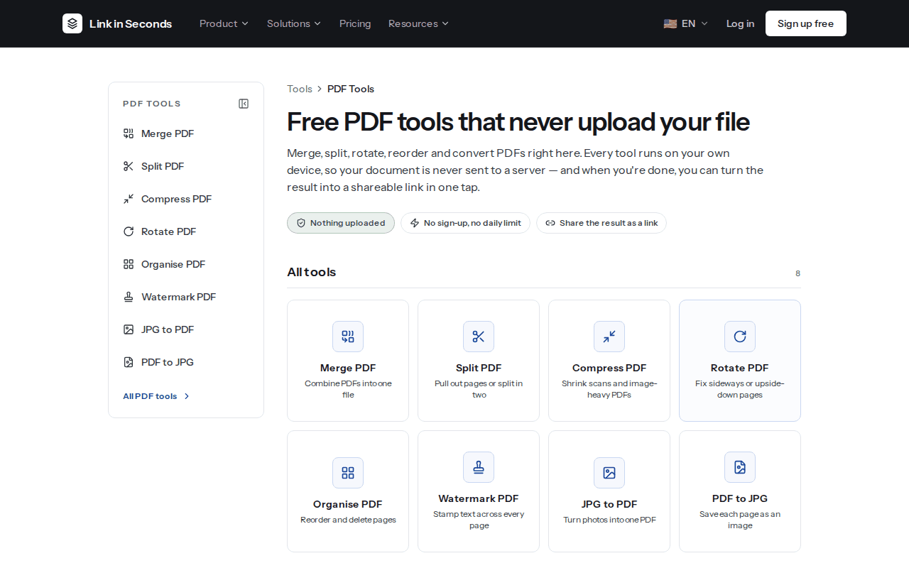 The PDF tools hub showing eight tools: Merge PDF, Split PDF, Compress PDF, Rotate PDF, Organise PDF, Watermark PDF, JPG to PDF and PDF to JPG