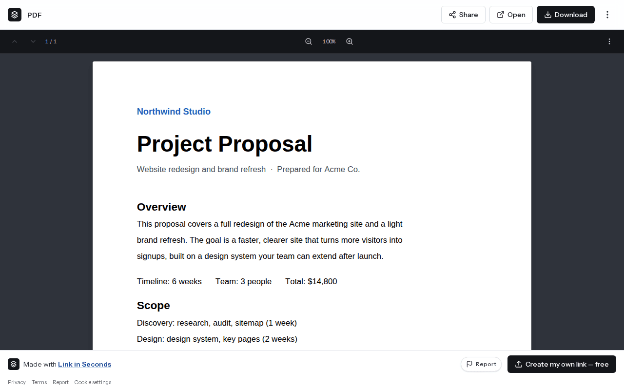 A shared PDF open in the browser on its Link in Seconds page, with Share, Open and Download buttons at the top