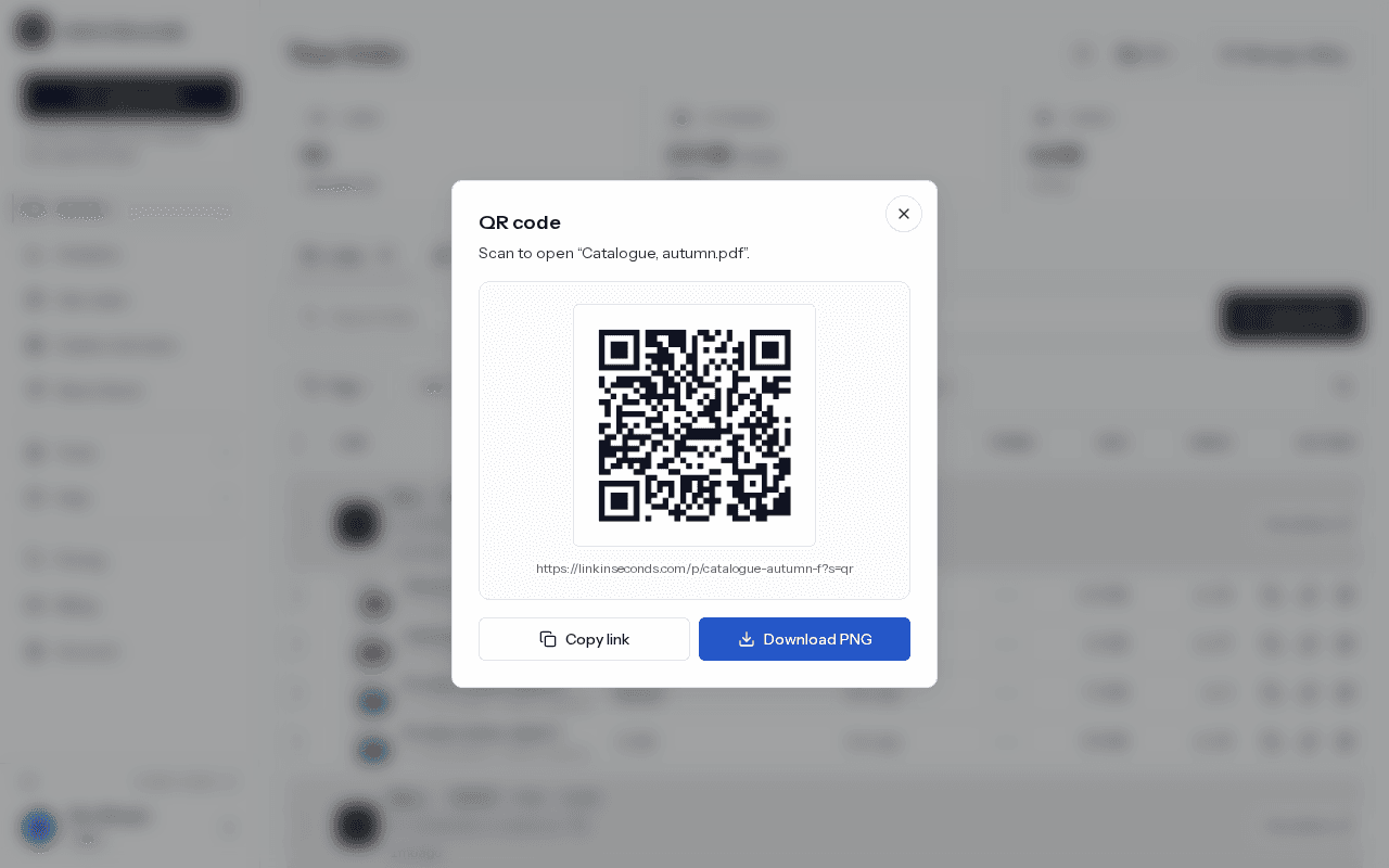 The QR code window for a catalog link, with a Download PNG button and the address the code opens