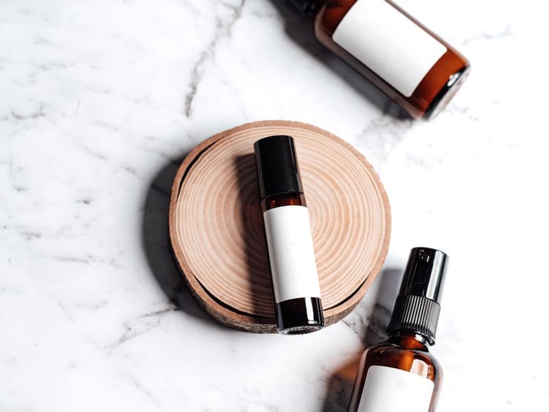 Product photo, amber glass bottles on marble