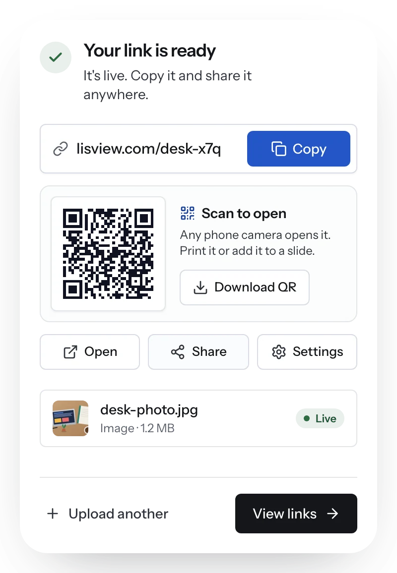 Link de imagem pronto: o link curto com um botão Copiar, um QR code e os botões Abrir, Compartilhar e Ajustes